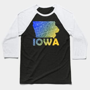 Colorful mandala art map of Iowa with text in blue and yellow Baseball T-Shirt